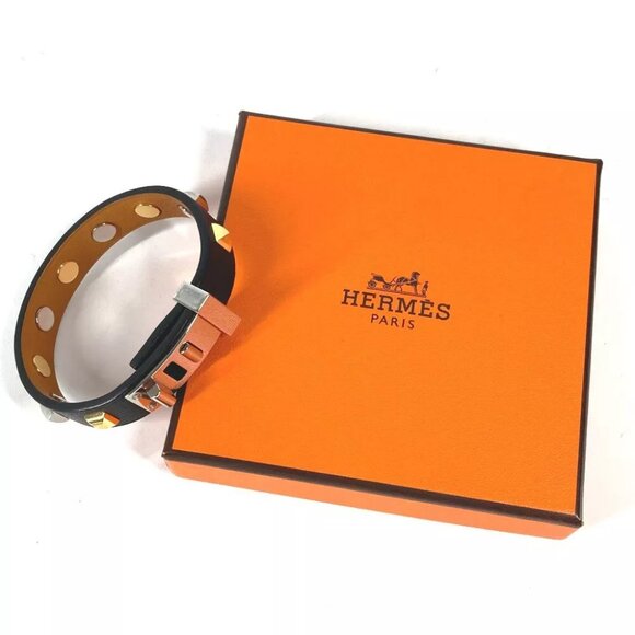 HERMES Studs Mini dog crew Carre Bangle accessories Bracelet Leather Black - Picture 3 of 11